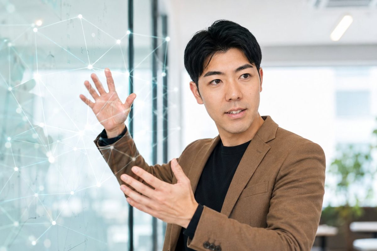 ネットワークを説明するジェスチャーの男性