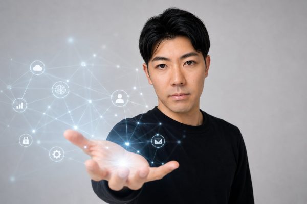 デジタルアイコンを手のひらに浮かべる男性