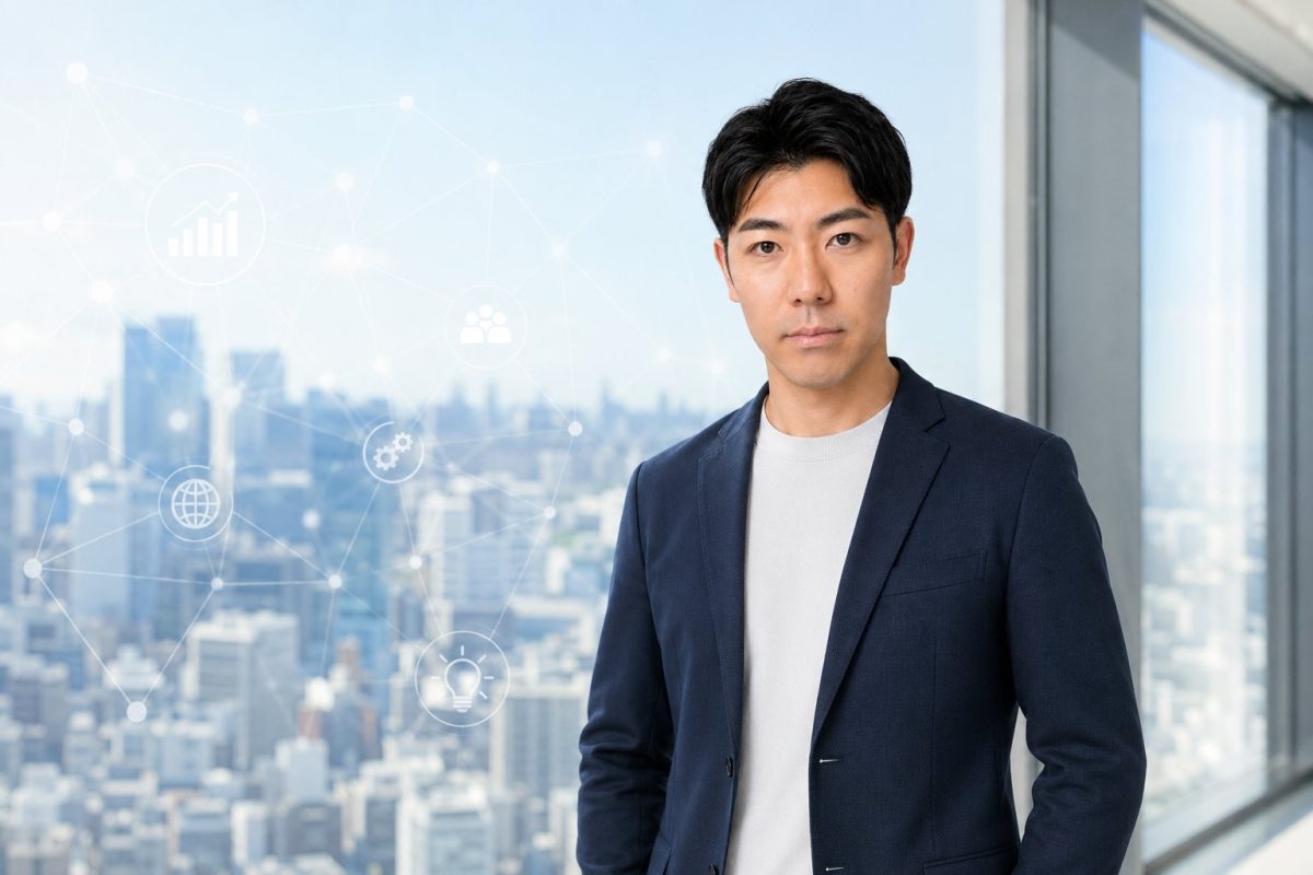 都市の上に立つビジネスマンとネットワーク