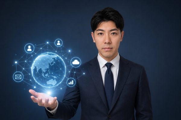 地球のホログラムを手に載せるビジネスマン