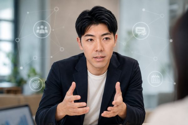 デジタルアイコンを前に語り合う男性