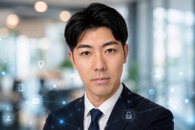 ネットワークに囲まれたビジネスマン