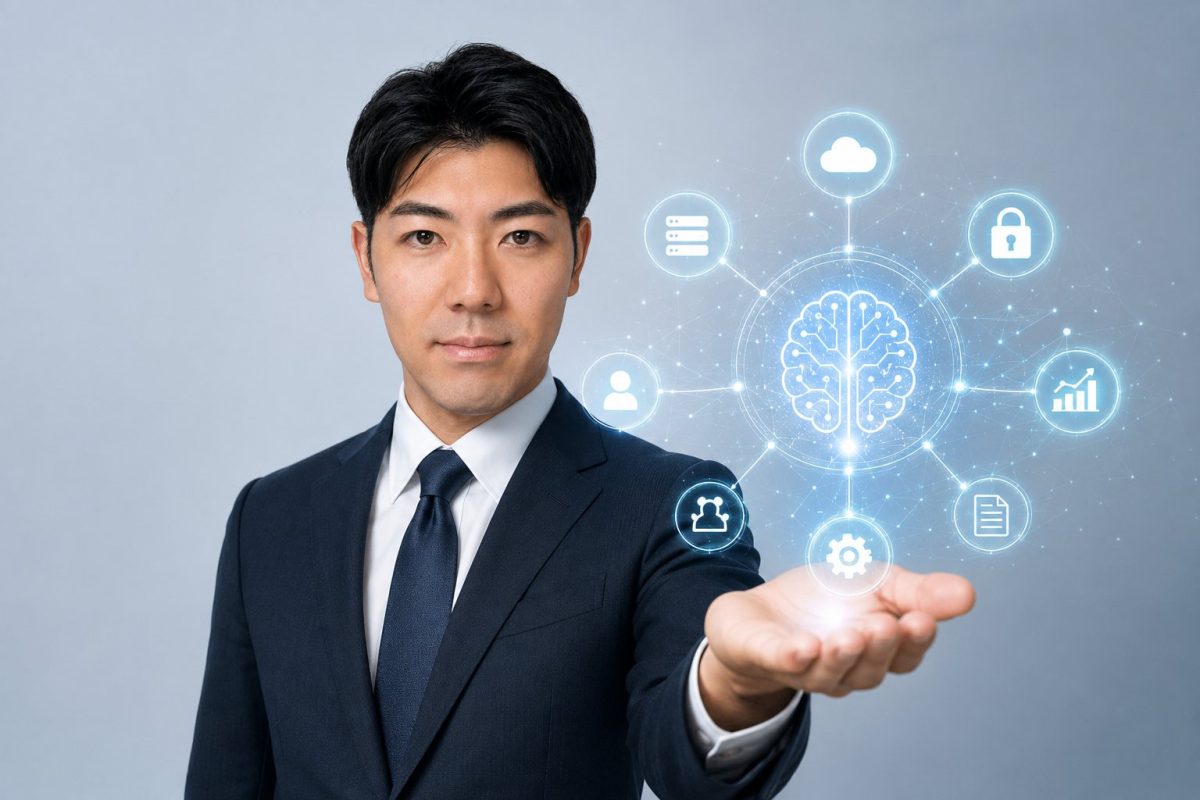 脳のアイコンを手のひらに示すスーツの男性