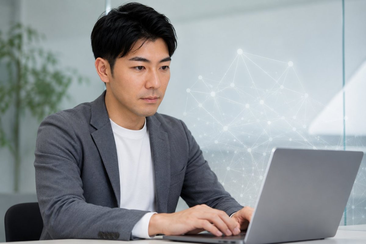 ノートPCで作業する男性とデジタル空間