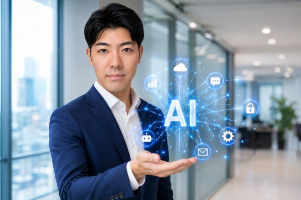 AIアイコンを手のひらに載せる男性