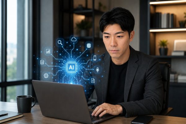 AI搭載ノートPCで作業する男性