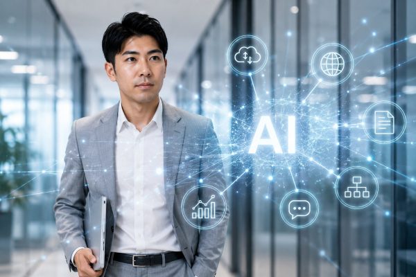 AIネットワークの中を歩くビジネスマン