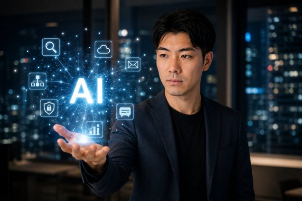 夜のオフィスでAIホログラムを操作する男性