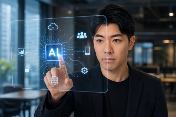 透明ディスプレイのAIパネルに触れる男性
