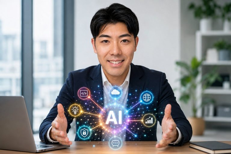 AIアイコンを両手で見せる笑顔の男性