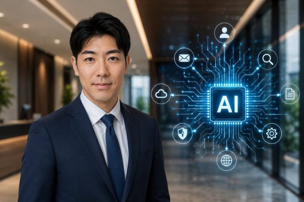 AIネットワークと立つスーツの男性