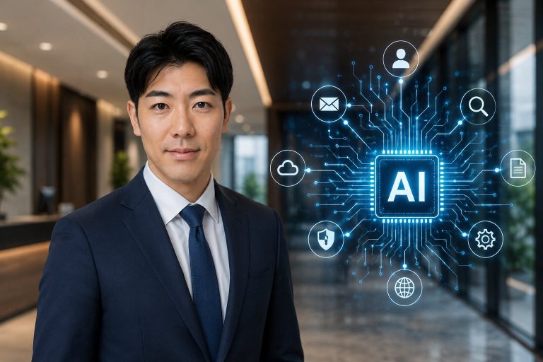 AIネットワークと立つスーツの男性