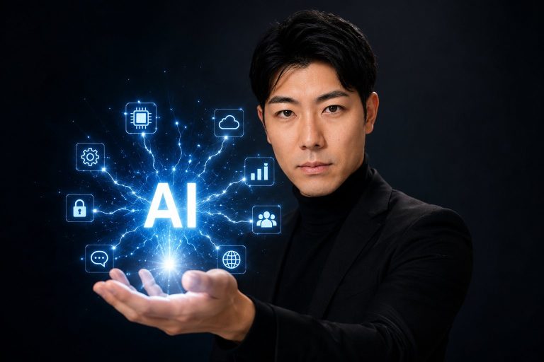 暗闇でAIの光を手に載せる男性