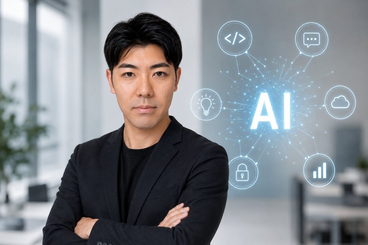 腕組みするビジネスマンとAIアイコン