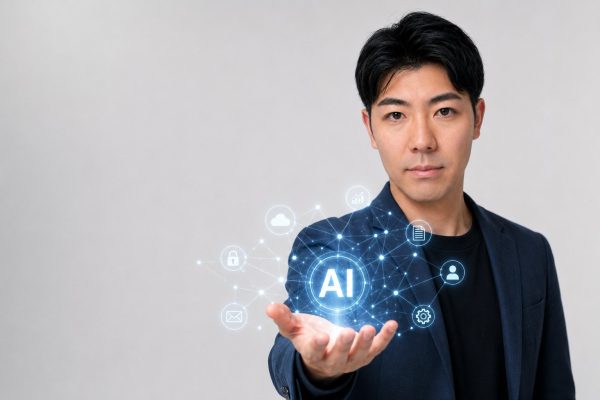 AIネットワークを手のひらに浮かべる男性