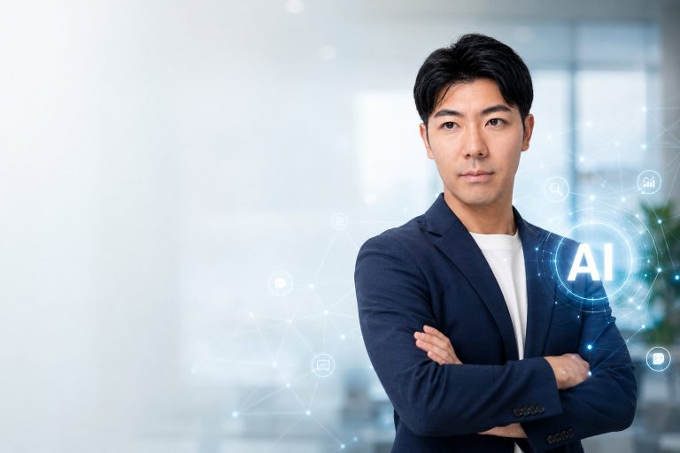 腕組みの男性とAIアイコン