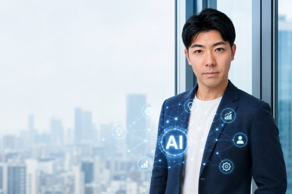 窓際でAIネットワークと立つ男性