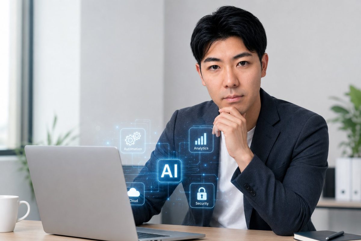 ノートPCとAIパネルを前に考える男性