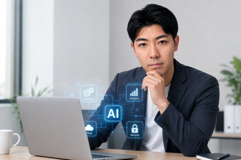 ノートPCとAIパネルを前に考える男性