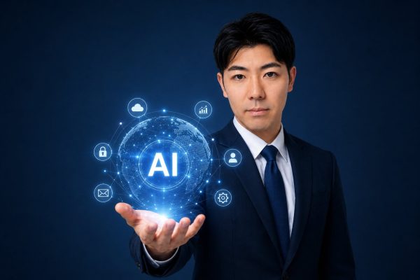 AIの球体ホログラムを掲げるスーツの男性