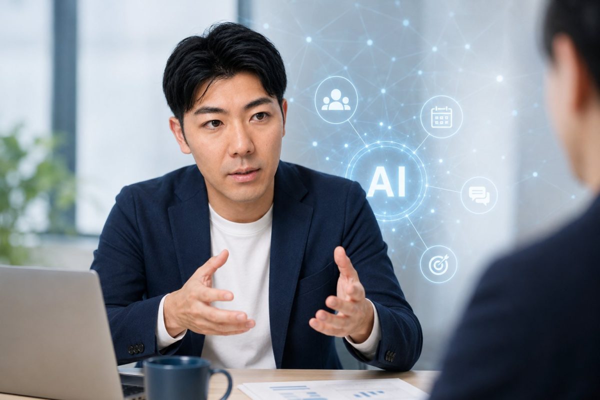 打ち合わせでAIについて説明する男性