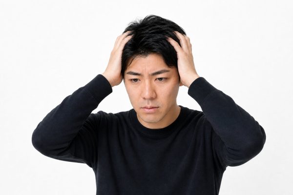 頭を抱えて悩む男性(白背景)