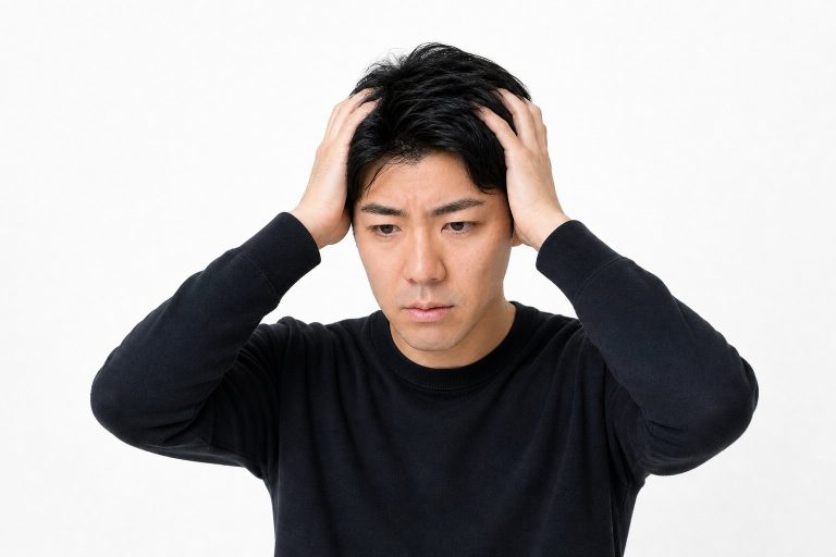 頭を抱えて悩む男性(白背景)