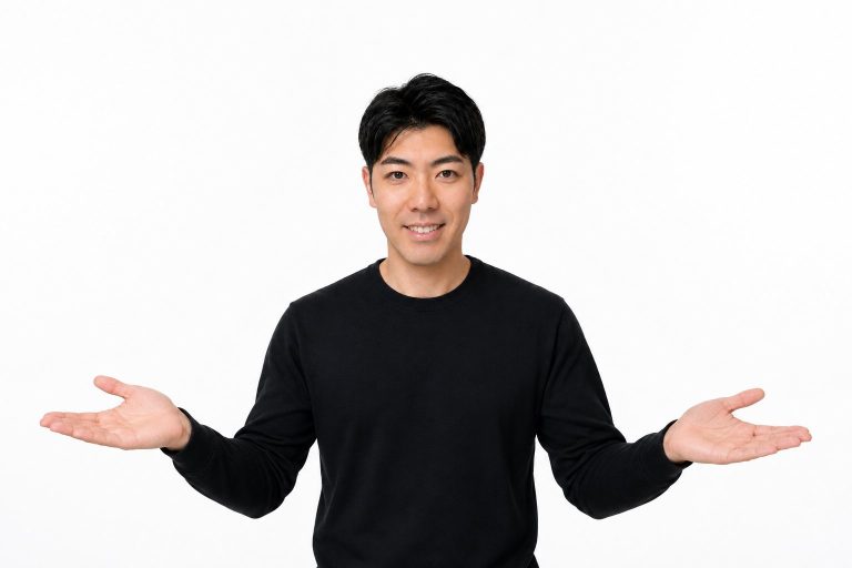 両手を広げて案内する男性(白背景)