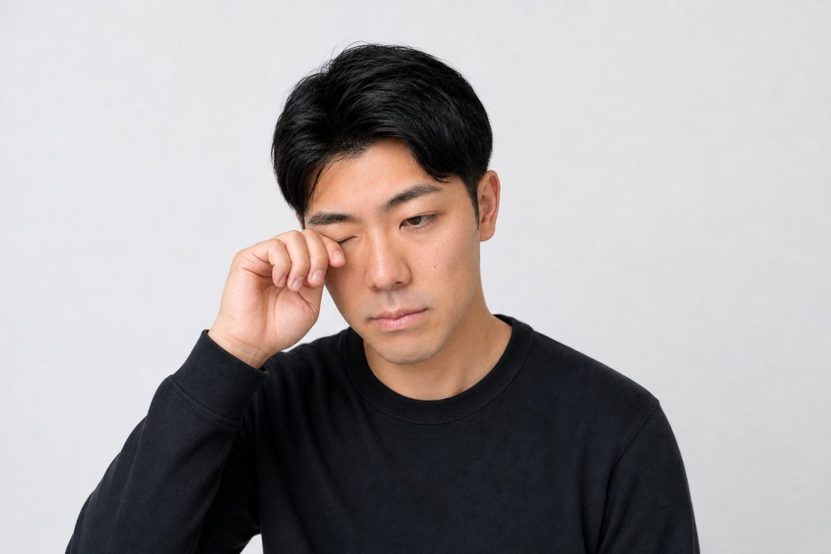 疲れて目をこする男性(白背景)