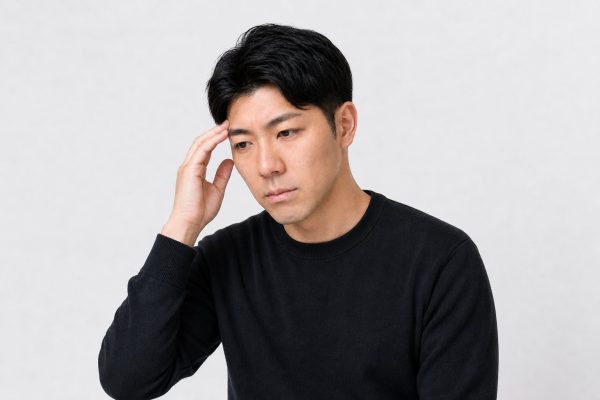 こめかみを押さえて悩む男性(白背景)
