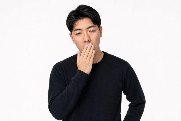 眠そうにあくびをする男性(白背景)