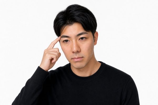 こめかみに指を当てて思い出す男性(白背景)
