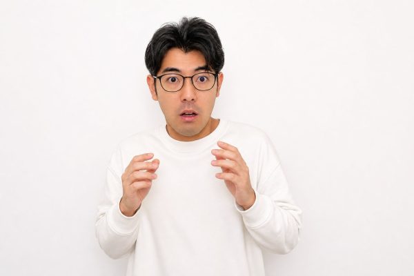 目を見開いて驚く男性(白背景)