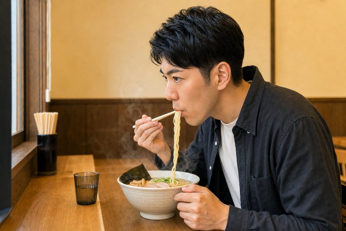 湯気の立つラーメンをすする男性