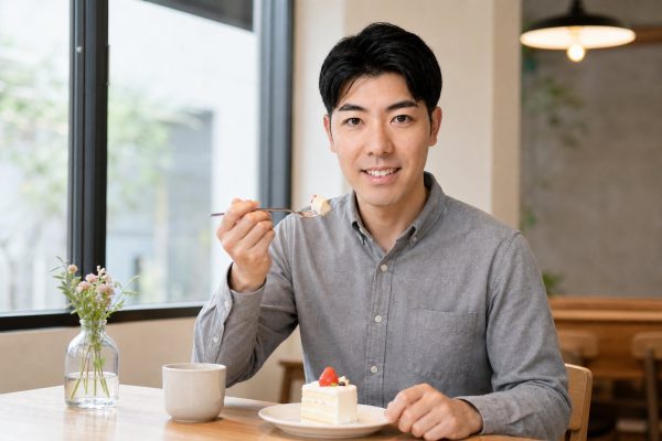 カフェでスイーツを楽しむ男性