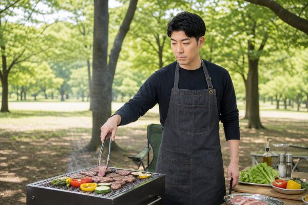 BBQでトングを手に肉を焼く男性
