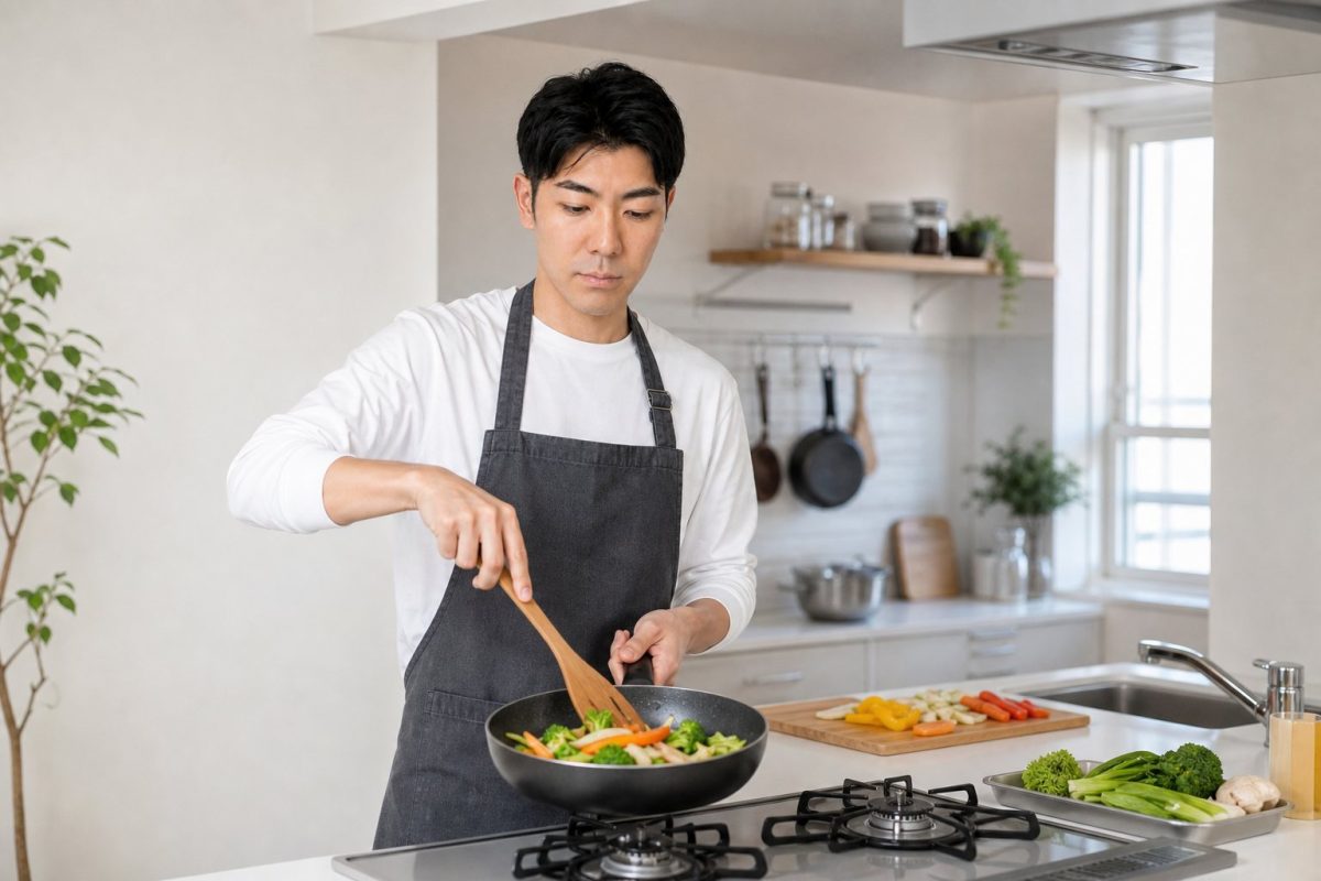 エプロン姿で炒め物をする男性