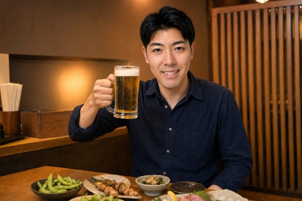 居酒屋でビールを掲げて乾杯する男性