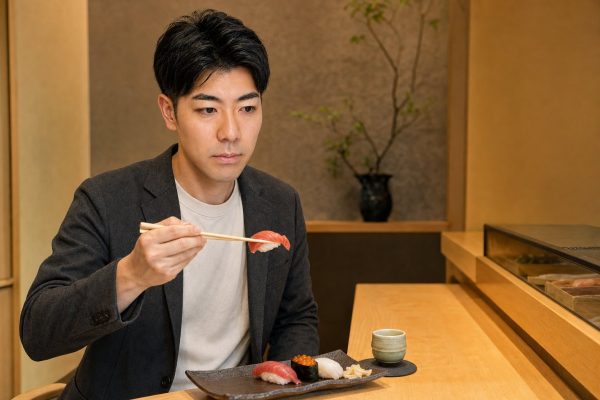 寿司を箸でつまむ男性