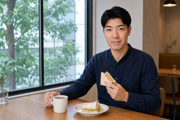 カフェでサンドイッチランチをとる男性