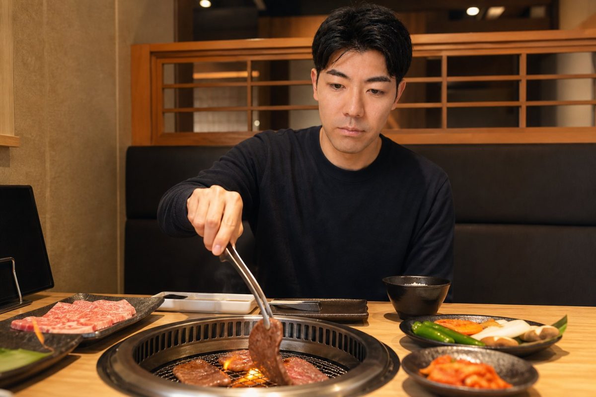 焼肉店で網の肉を焼く男性
