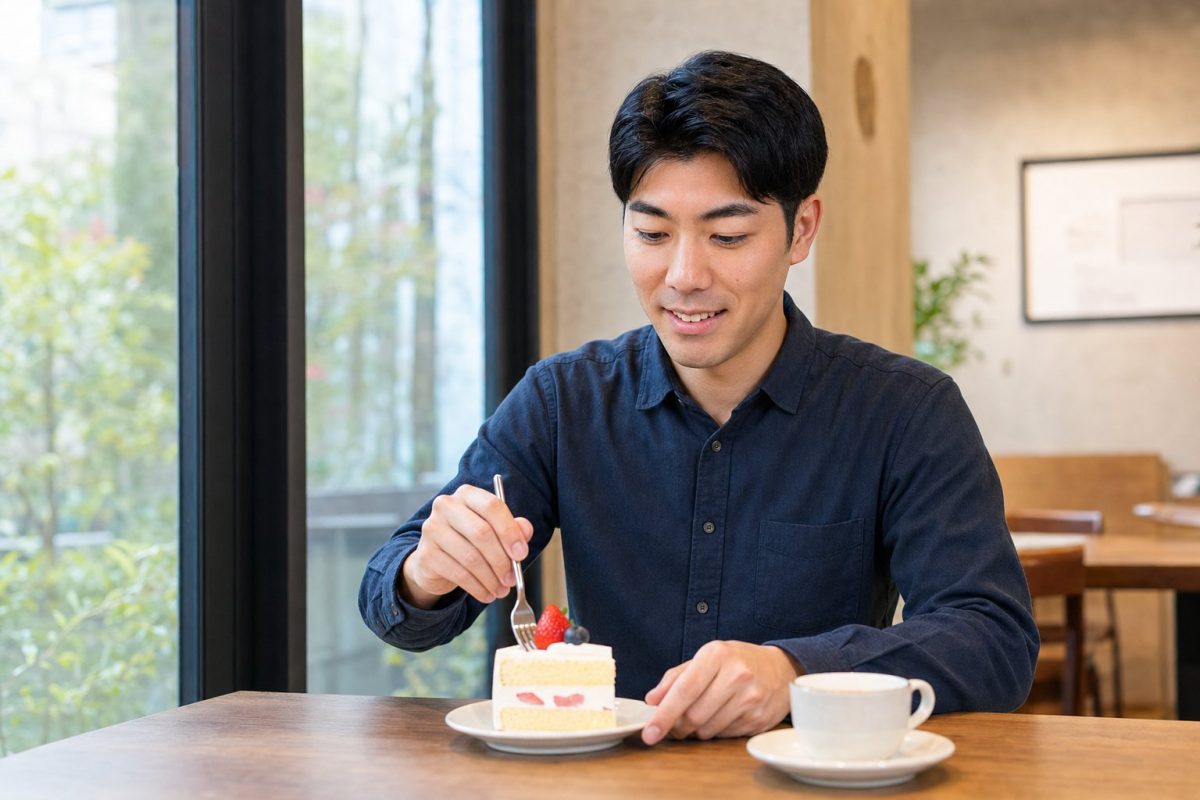 カフェでケーキを味わう男性