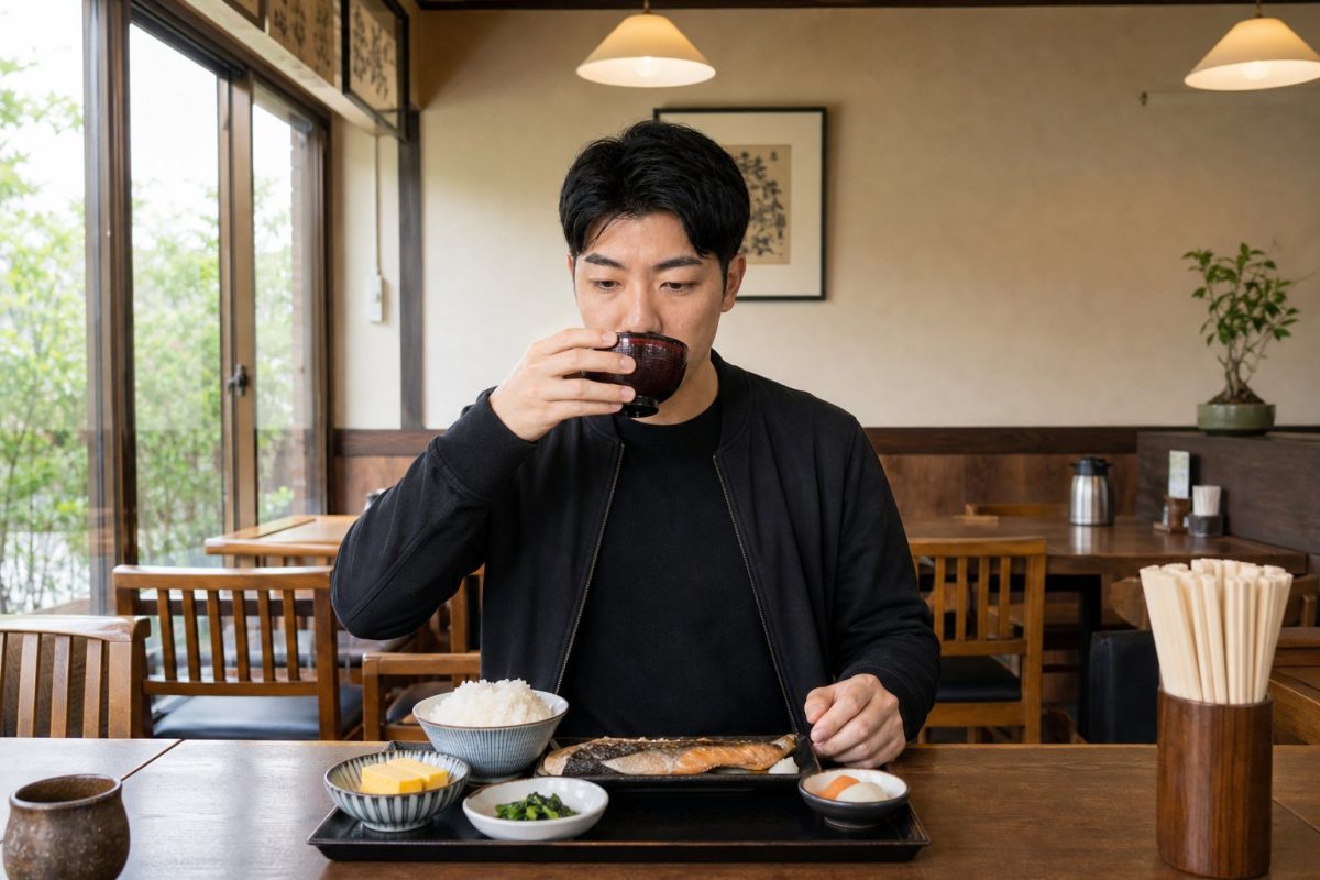 定食と味噌汁の食事をとる男性