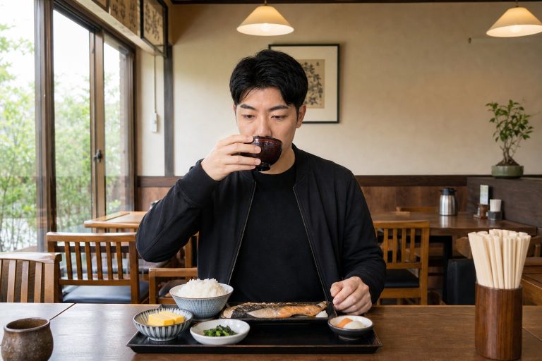 定食と味噌汁の食事をとる男性