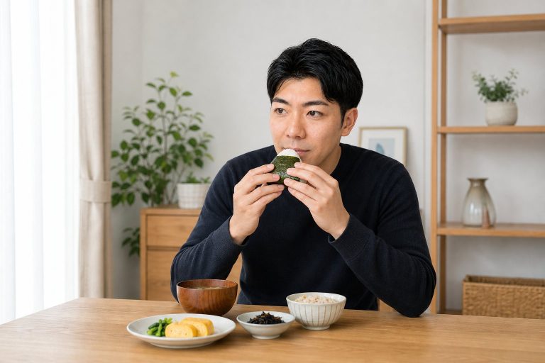 おにぎりを頬張る男性