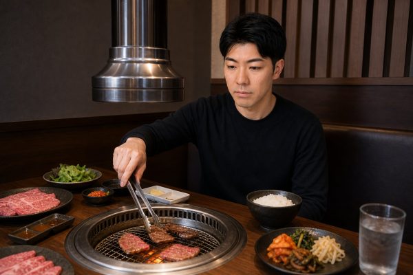 焼肉を頬張る男性