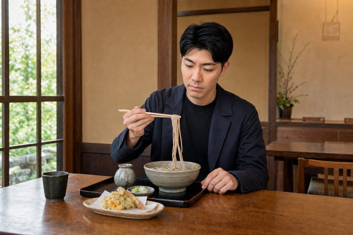 そばを食べる男性