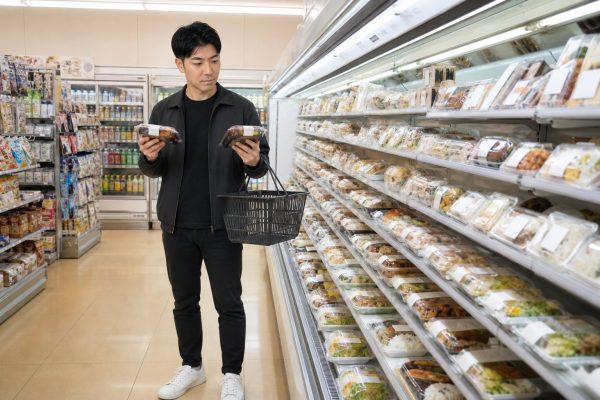 コンビニでお弁当を選ぶ男性