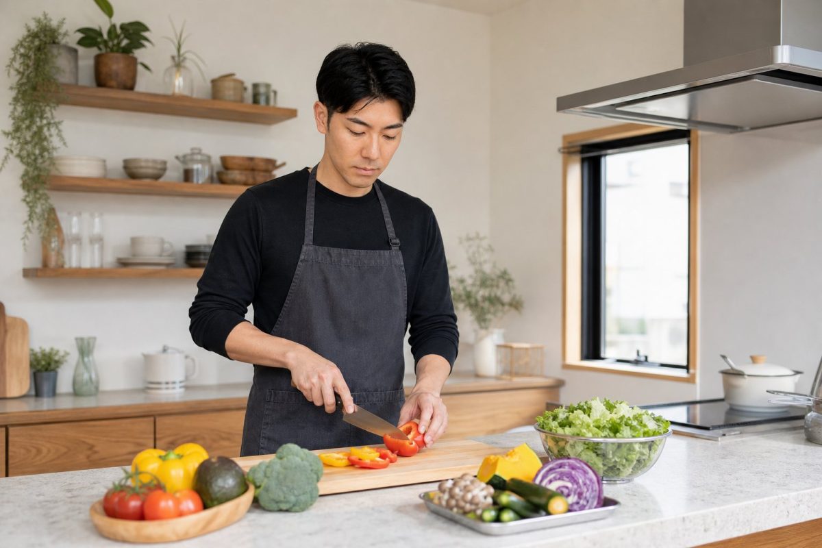 キッチンで野菜を切る男性