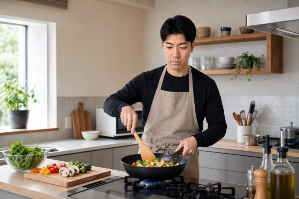 フライパンで調理する男性